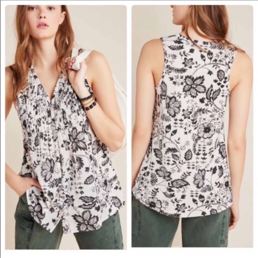 Anthropologie Maeve Bailee Black Floral Print Pleated Sleeveless Tank Size M